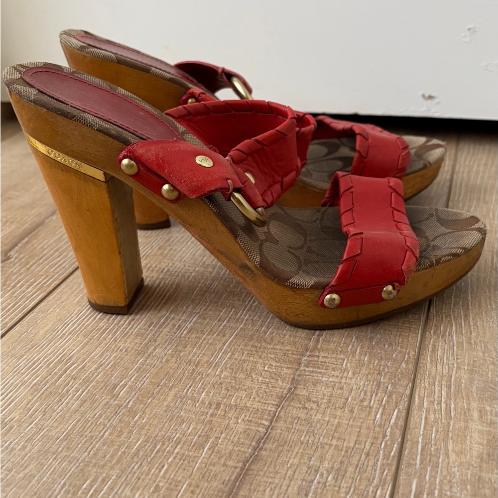 Coach Red Braided Leather Platform Clog Sandals